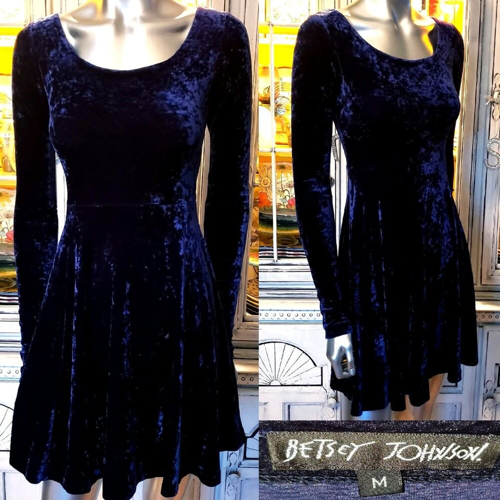 $SOLD$ Vintage Betsey Johnson Blue Stretch Crushed Velvet Skater Slip Dress M